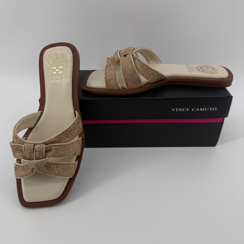 Vince Camuto Byrdy Woven Knotted Slide Sandals Tan Square Toe Flat VP-BYRDY 6.5M